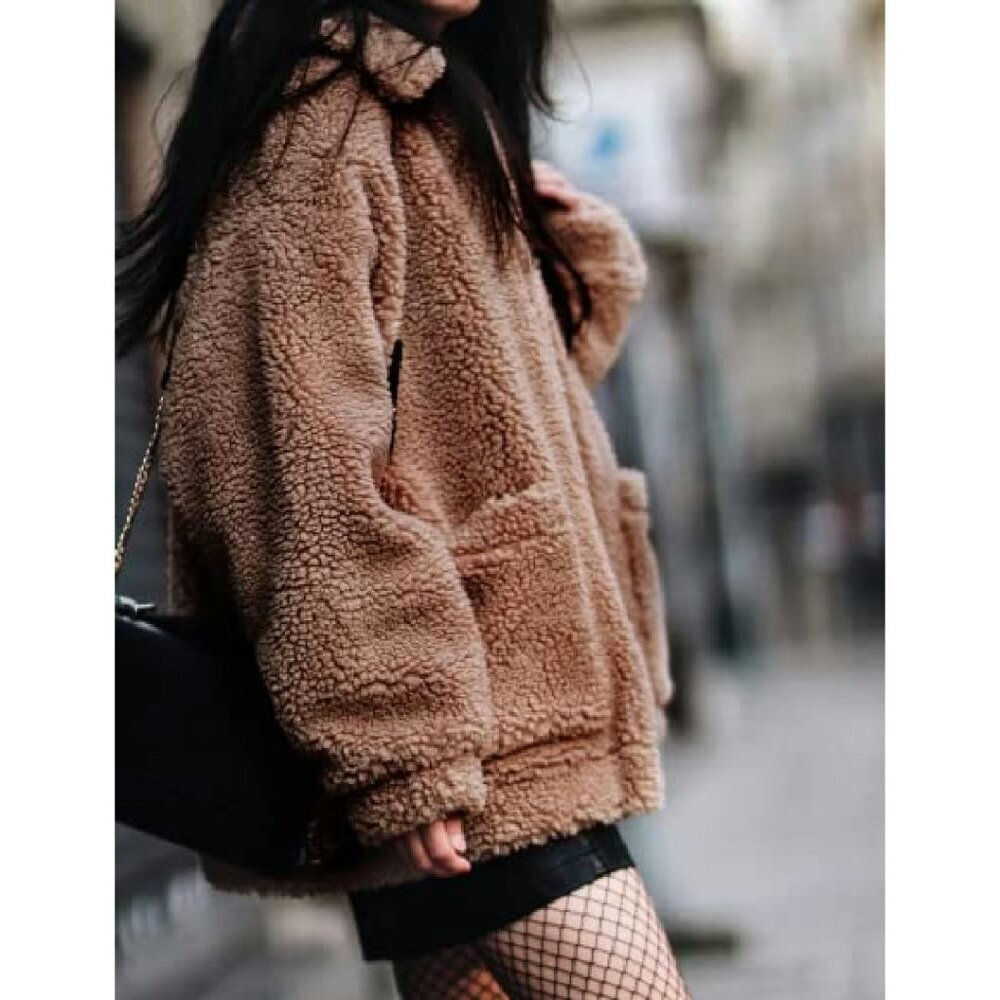 Oversized Faux Shearling Fleece Jacket Women's Winter Coat Warm Boyfriend Style - Picture 4 of 8
